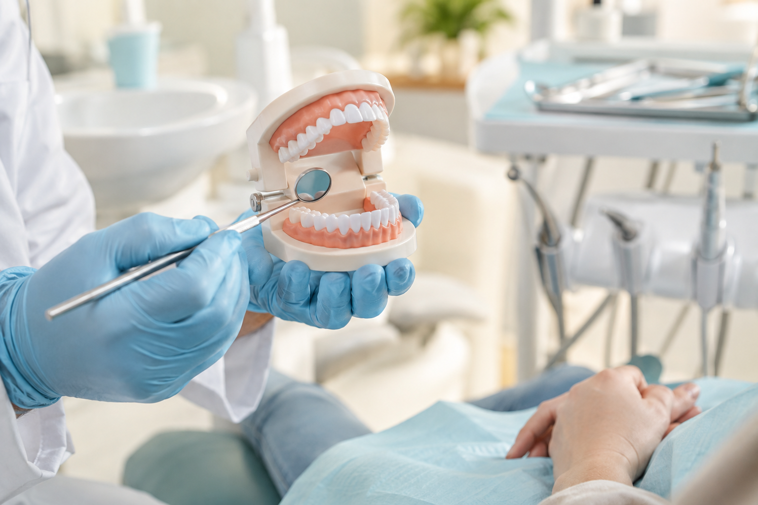 Profesional mostrando un modelo dental; imagen ilustrativa